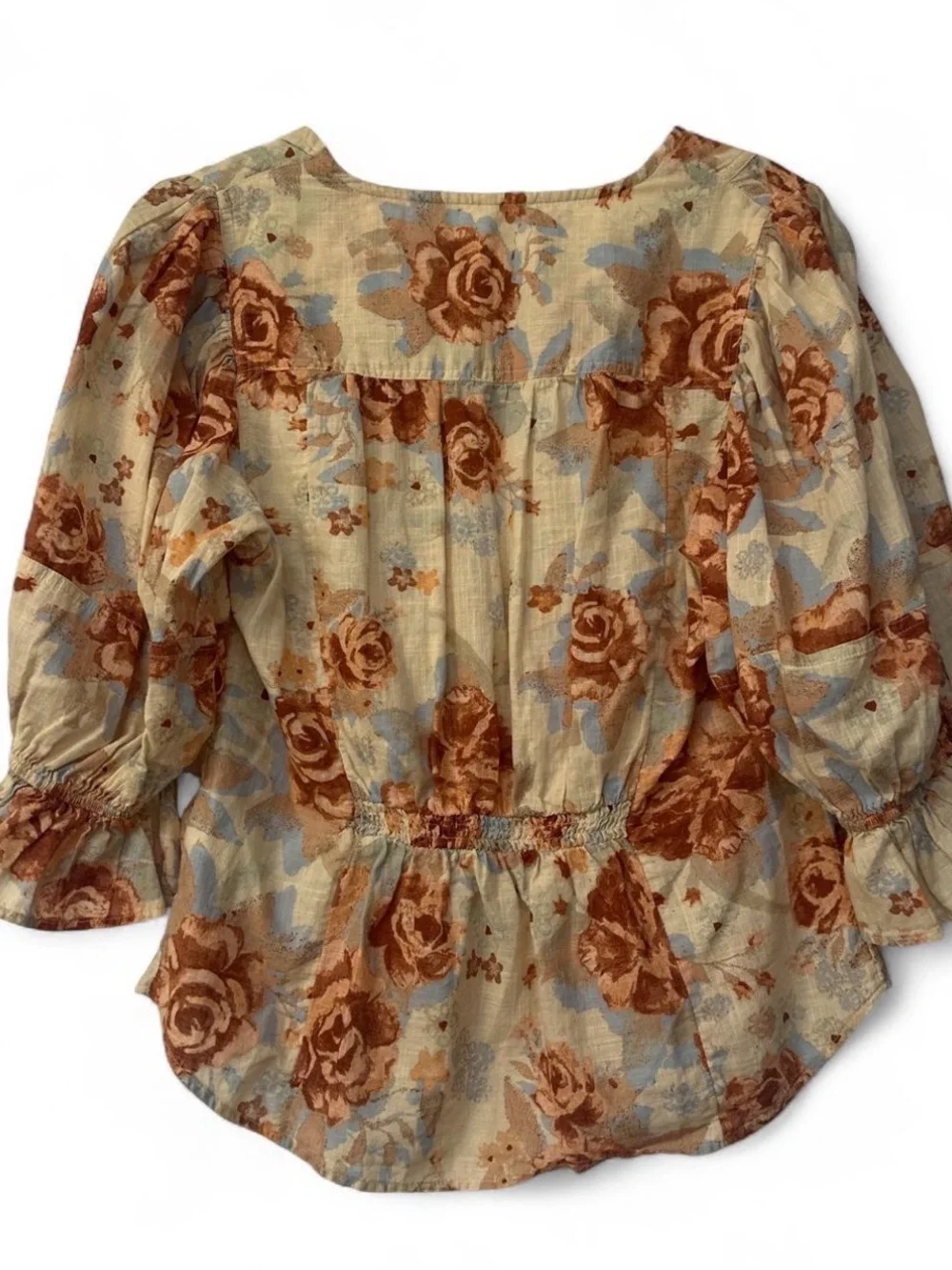 Free People Found You 100% Cotton Brown beige floral blouse ruffled sleeves Sz L